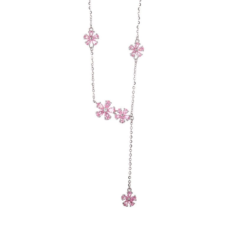 s925 sterling silver floral cluster necklace for women with pink flower tassel choker s925 sterling silver floral cluster necklace for women with pink flower tassel choker