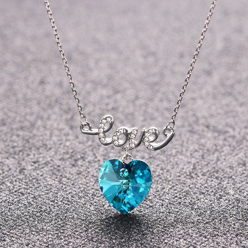 love heart blue crystal necklace european and american fashion necklace for women with full diamond letter pendant love heart blue crystal necklace european and american fashion necklace for women with full diamond letter pendant