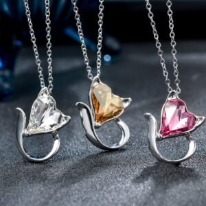 cat themed heart crystal pendant necklace for women made with austrian crystals, fashionable collarbone chain