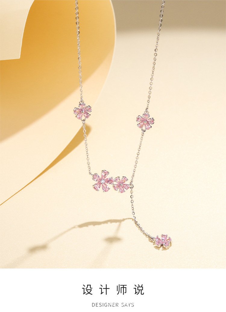 s925 sterling silver floral cluster necklace for women with pink flower tassel choker s925 sterling silver floral cluster necklace for women with pink flower tassel choker