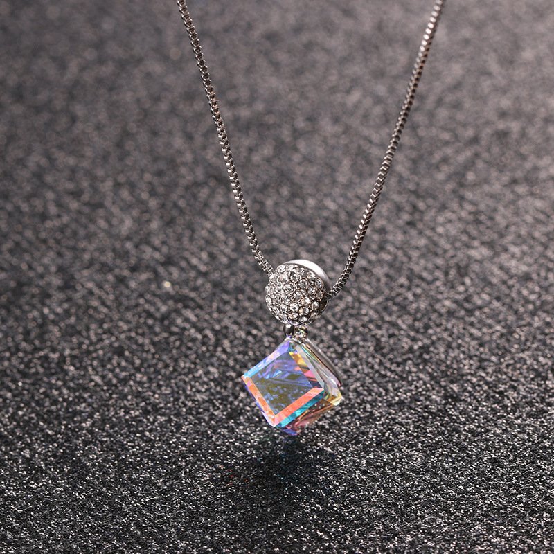 multicoloured white square crystal necklace for women with aurora candy pendant collarbone chain multicoloured white square crystal necklace for women with aurora candy pendant collarbone chain