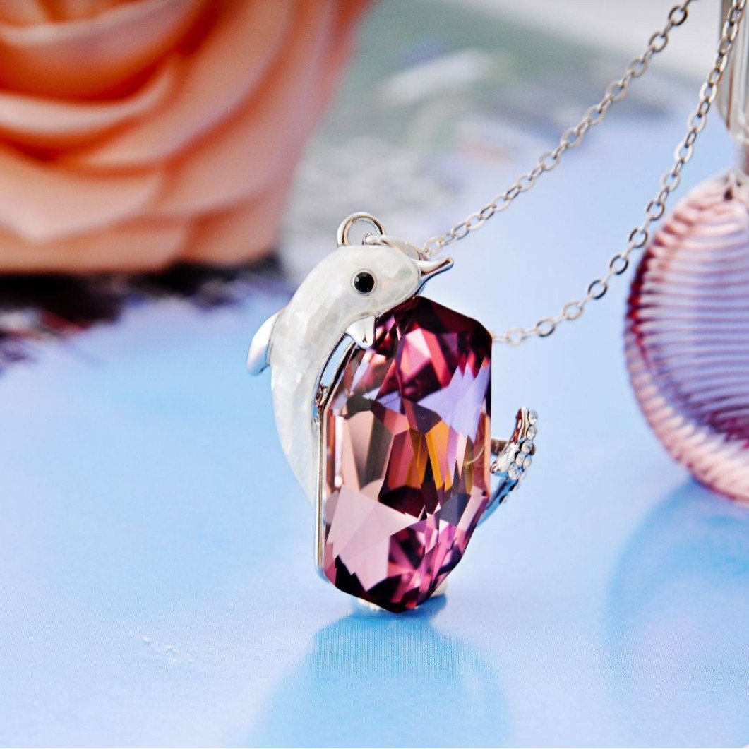 dolphin crystal necklace for women with dolphin playing with a shiny bead pendant dolphin crystal necklace for women with dolphin playing with a shiny bead pendant