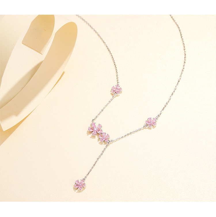 s925 sterling silver floral cluster necklace for women with pink flower tassel choker s925 sterling silver floral cluster necklace for women with pink flower tassel choker