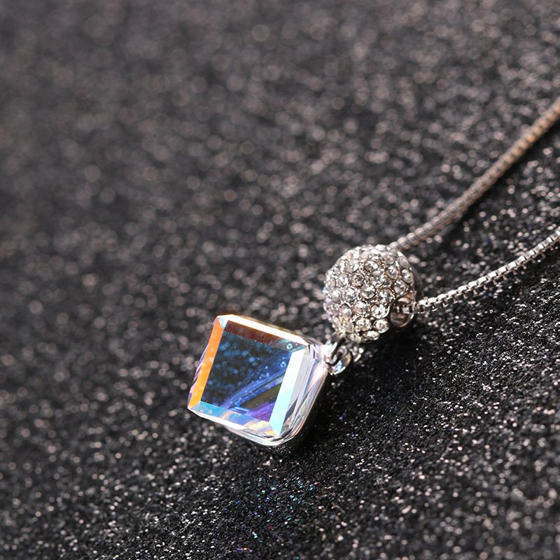multicoloured white square crystal necklace for women with aurora candy pendant collarbone chain multicoloured white square crystal necklace for women with aurora candy pendant collarbone chain