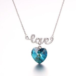 love heart blue crystal necklace european and american fashion necklace for women with full diamond letter pendant