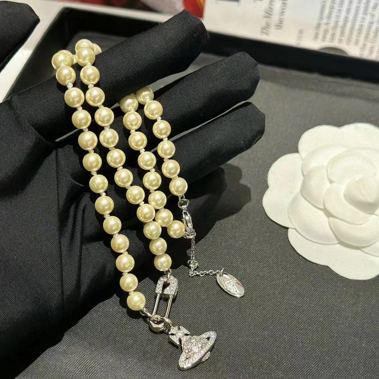 safety pin saturn pearl pendant necklace fashion women's collarbone chain safety pin saturn pearl pendant necklace fashion women's collarbone chain