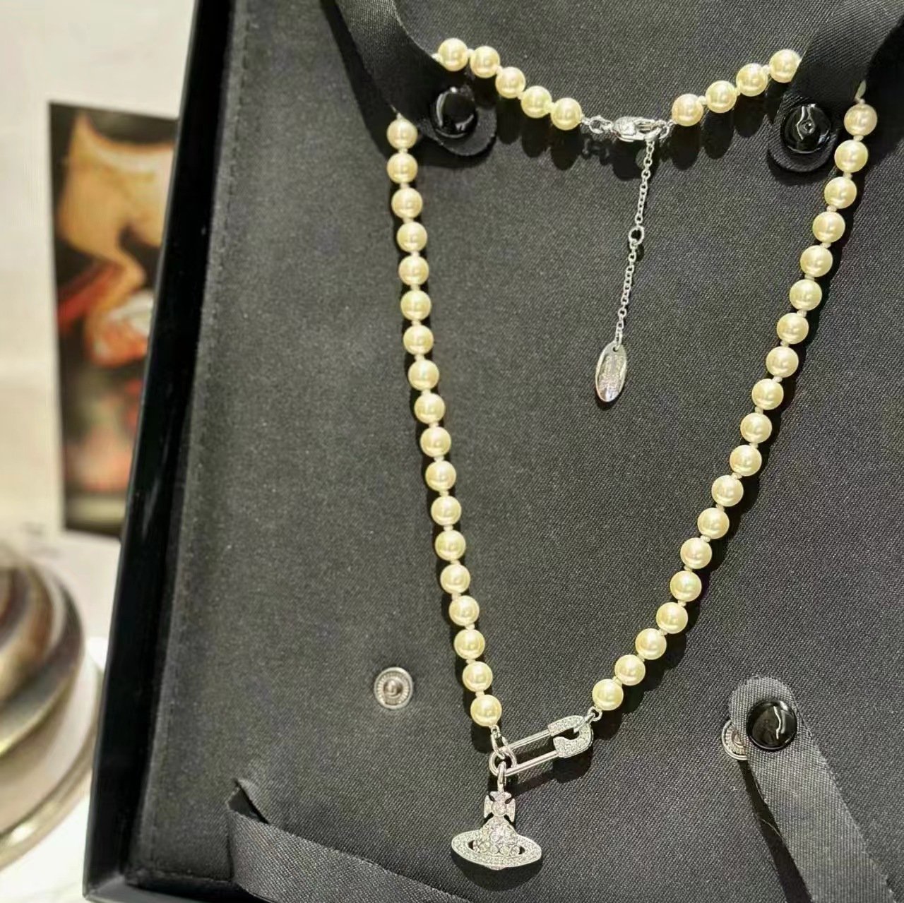 safety pin saturn pearl pendant necklace fashion women's collarbone chain safety pin saturn pearl pendant necklace fashion women's collarbone chain