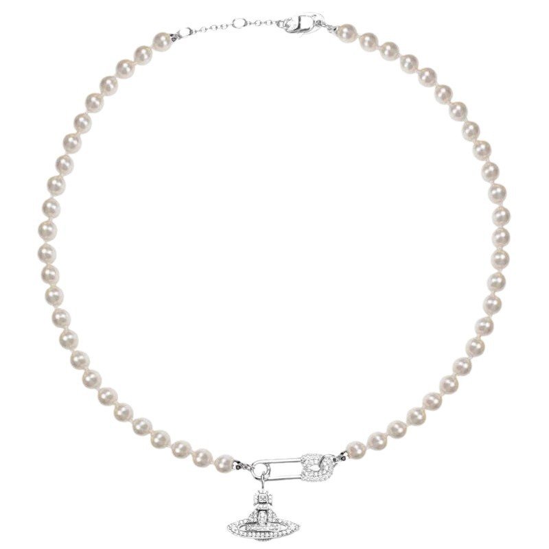 safety pin saturn pearl pendant necklace fashion women's collarbone chain safety pin saturn pearl pendant necklace fashion women's collarbone chain